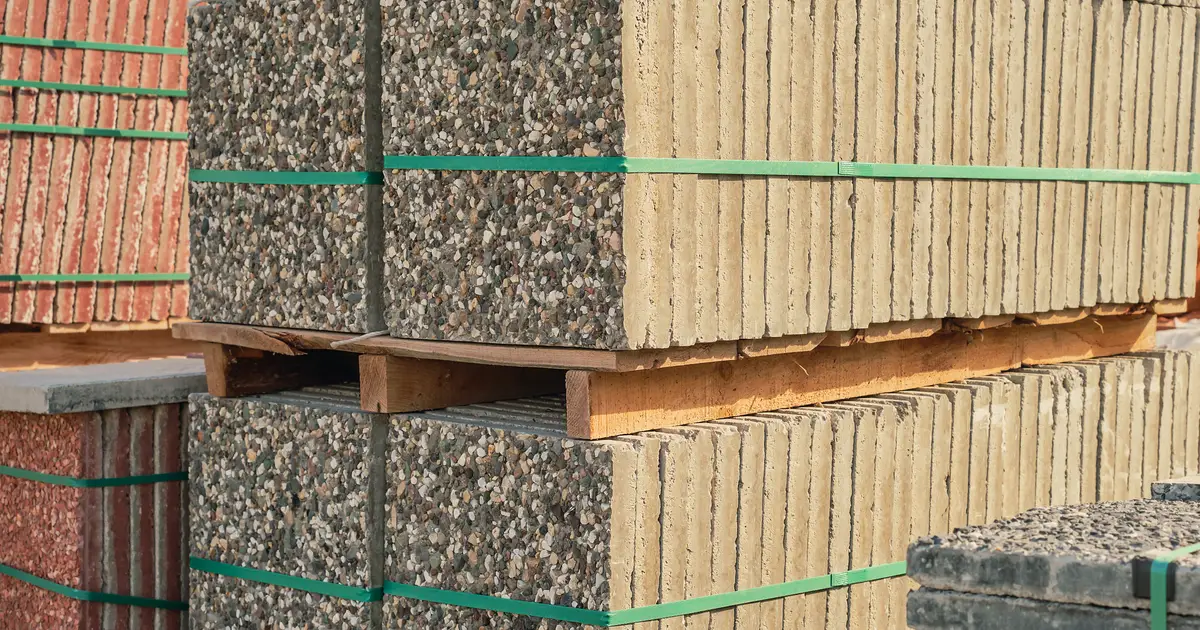 Placas de concreto empilhadas em paletes num depósito de material de construção