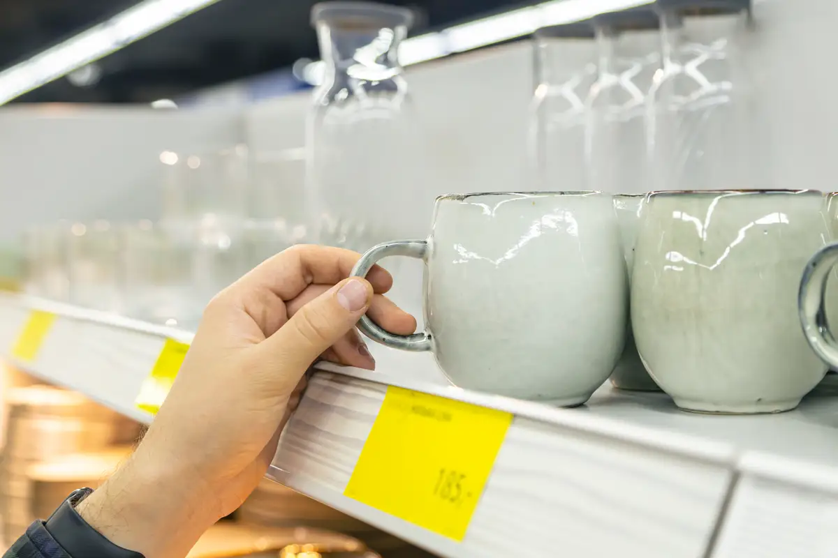 Cliente pegando produto na prateleira de uma loja de utilidades