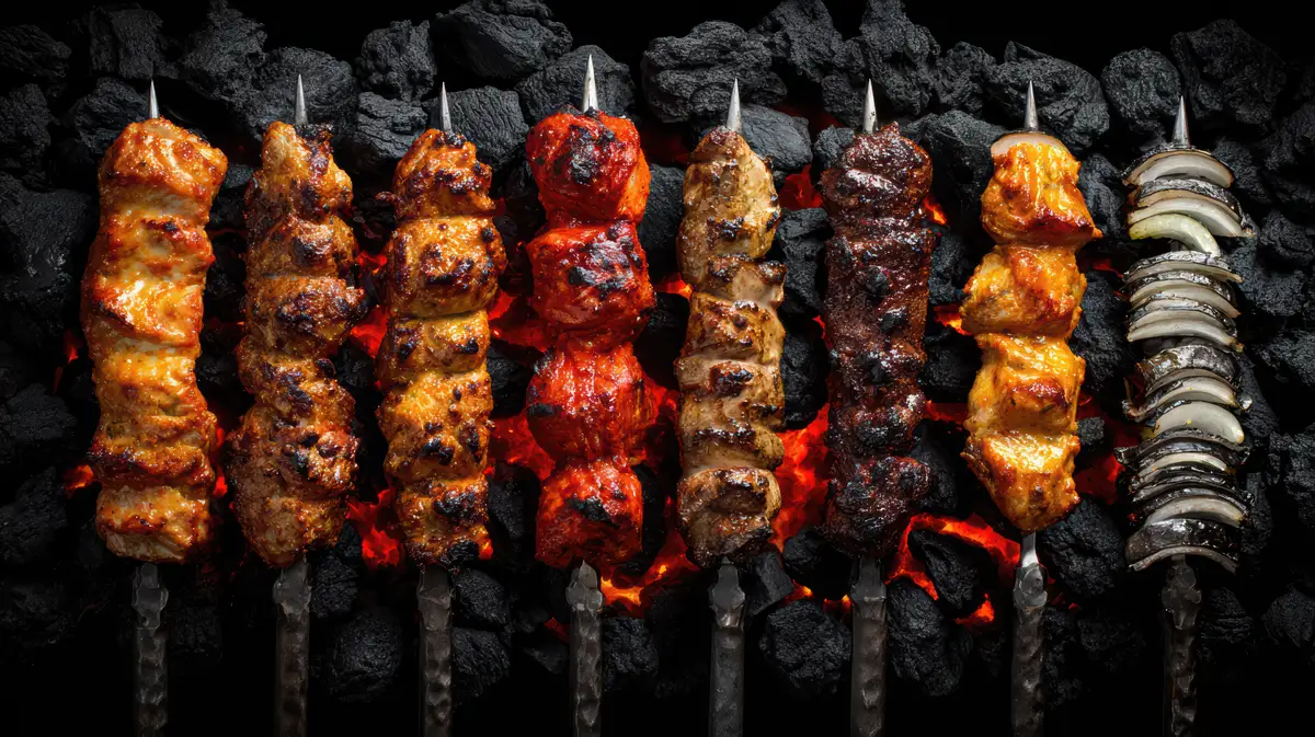 Espetos de carne assando sobre brasa de carvão