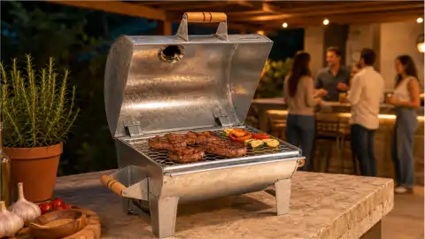 Churrasqueira Bafinho de Mesa em uso sobre bancada, assando carnes com a tampa aberta