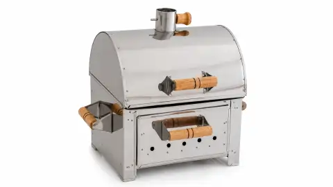 Churrasqueira Mini Bafo com Gaveta em inox, tampa fechada, com gaveta frontal, chaminé e pegadores de madeira