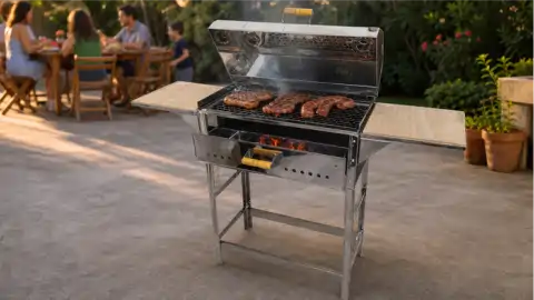 Churrasqueira Brasa Master em uso na área externa, assando carnes com a gaveta de brasa aberta