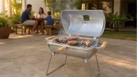 Churrasqueira Bafo Grande com Pezinho em uso na área externa, assando carnes com a tampa aberta