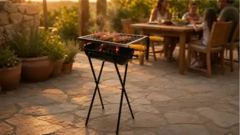 Churrasqueira Botijão Espetinho Meio Tambor em uso na área externa, assando carnes sobre a brasa