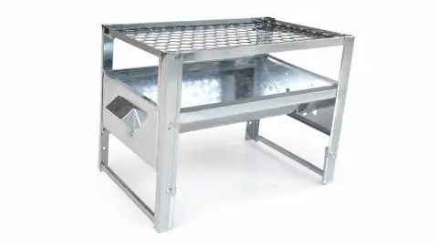 Churrasqueira Camping compacta em aço galvanizado, com grelha superior, pés e bandeja inferior