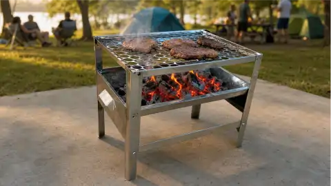 Churrasqueira Camping em uso no acampamento, assando carnes sobre a brasa