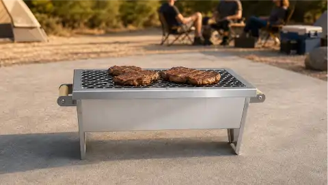 Churrasqueira Móvel Portátil em uso no camping, assando carnes sobre a grelha