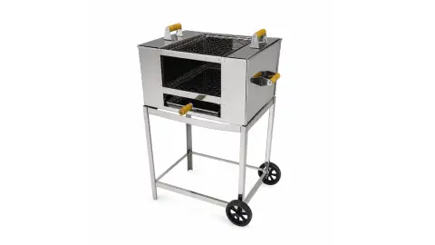 Churrasqueira Carrinho Ecológica em inox, com grelha vertical frontal, grelha superior e carrinho com rodas