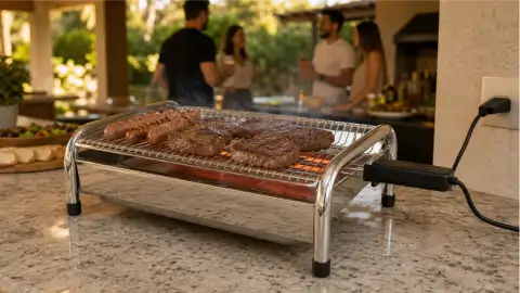 Churrasqueira Elétrica em Inox em uso na bancada, ligada na tomada, assando carnes na grelha