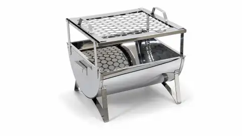 Churrasqueira POP Móvel em inox, compacta, com câmara de brasa cilíndrica, grelha superior e pés dobráveis