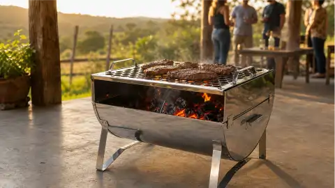 Churrasqueira POP Móvel em uso na área externa, assando carnes sobre a brasa